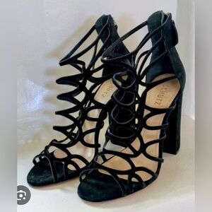 Schutz Ingriditte Suede Cage Sandals Block Heels Back Zipper in Black Size 9